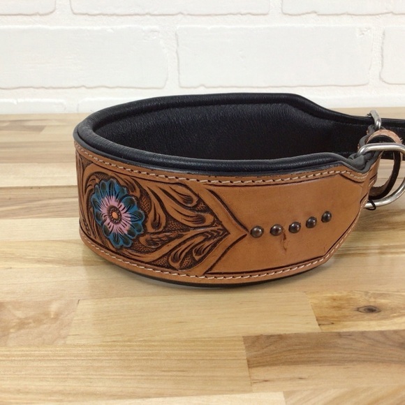 Mad Cow genuine leather western dog collar handmade brown turquoise pink studded - Picture 2 of 16